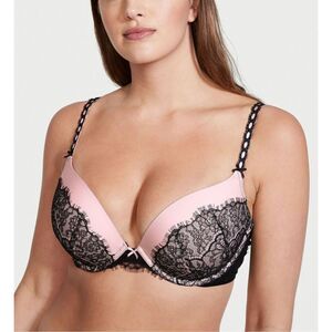 Victoria's Secret Pink Push Up Bra 34B Black Lace Padded Underwire Sexy Lingerie
